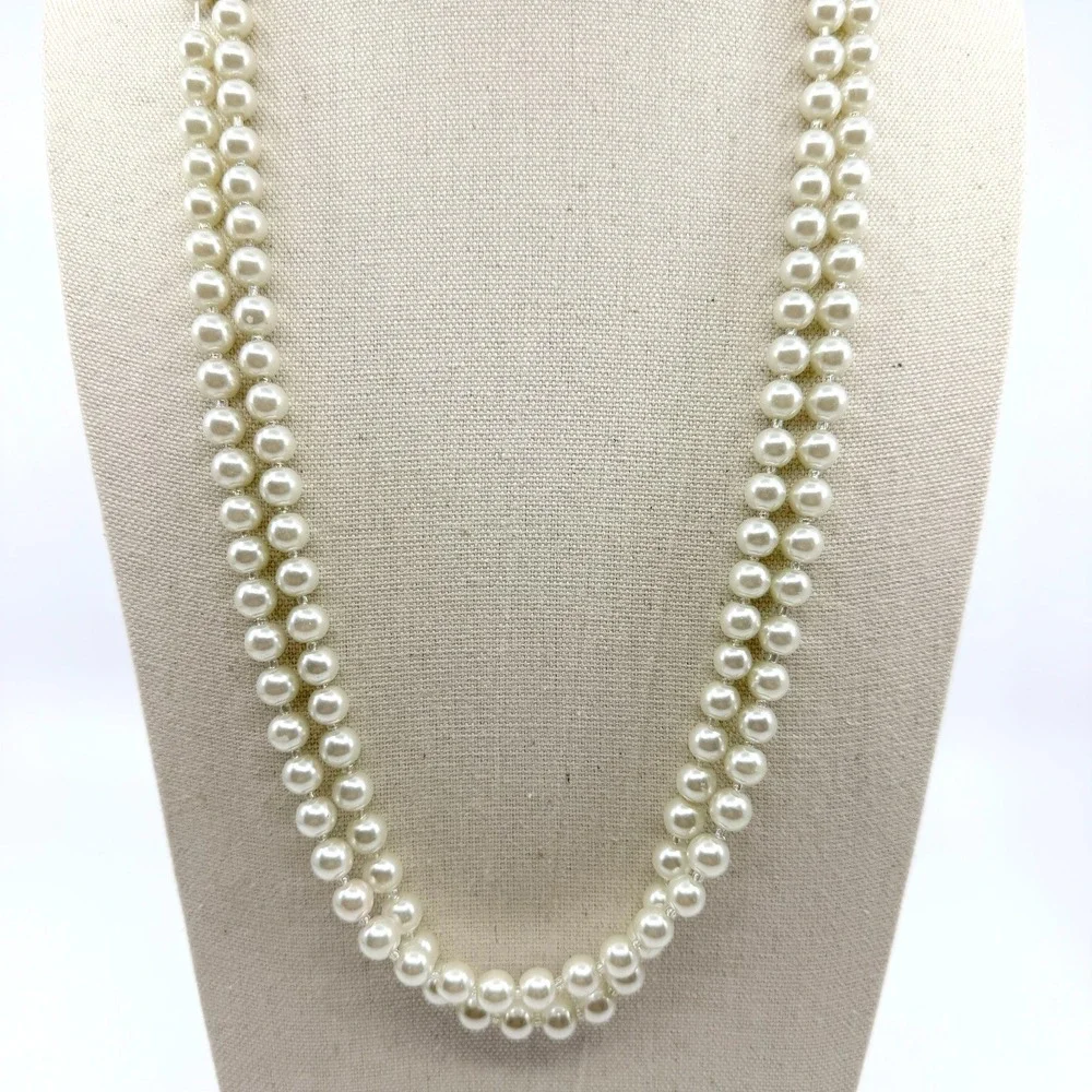 Vintage‎ Faux Pearl Necklace Double Strand Cream Beaded Statement Retro Y2K 90s